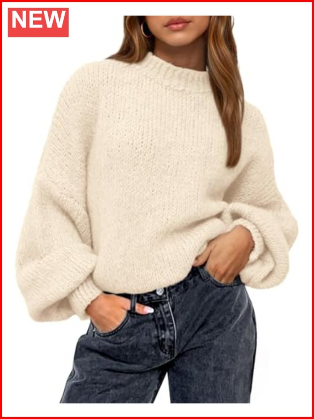 Oversized Crewneck Pullover Sweater Long Sleeve Ribbed Knit Women's